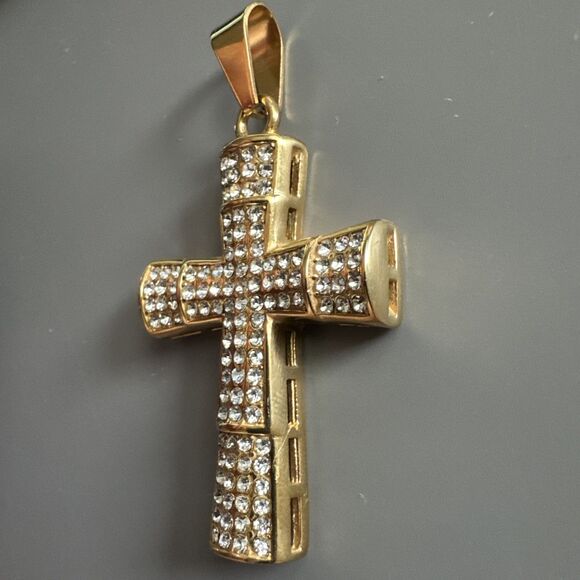 Cross Pendant Stainless Steel Cubic Zirconia 24” Chain Necklace Hip Hop Gold Men - Picture 2 of 6